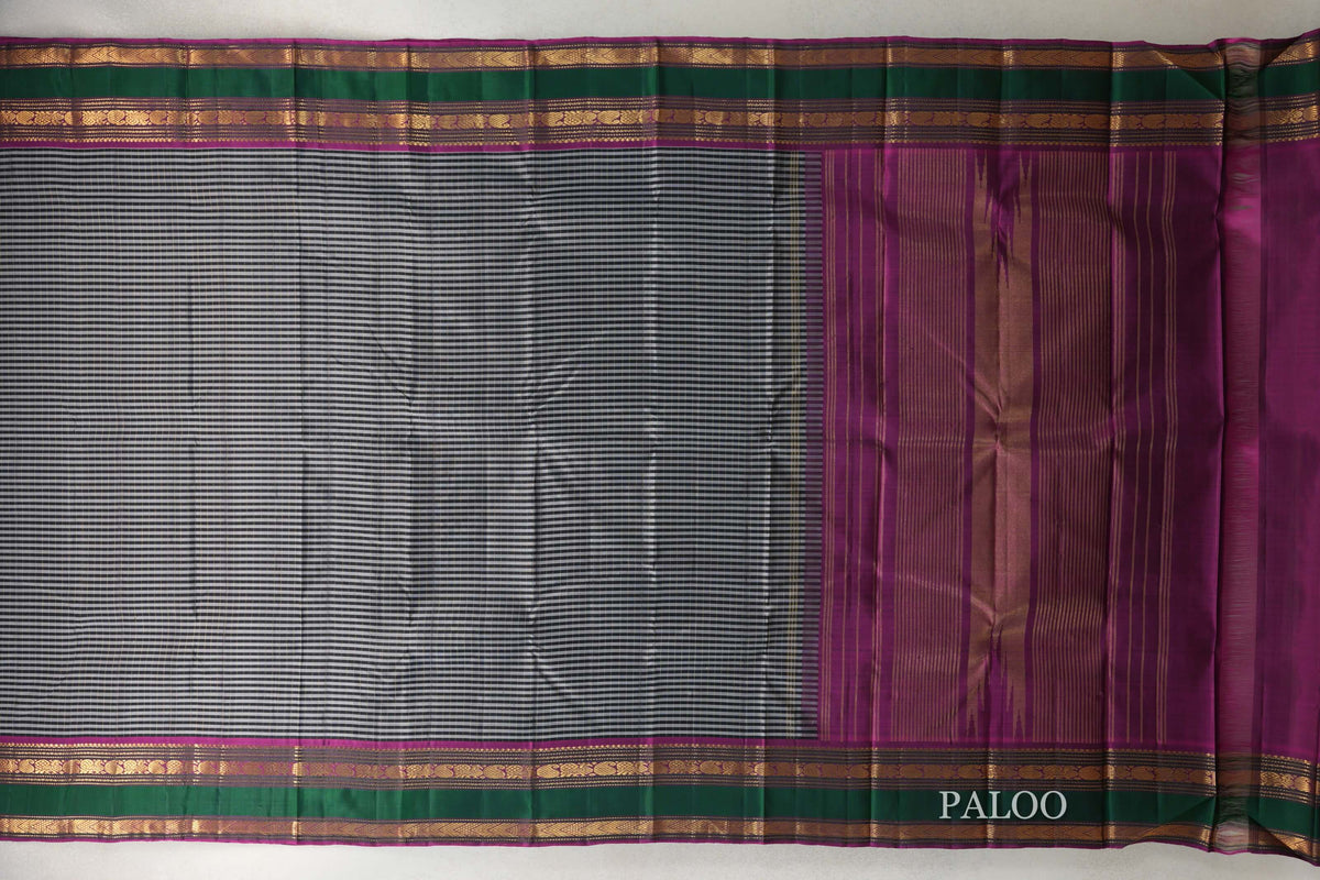 Black with Silver Grey with Deep Magenta with Green Borders Vintage Kanjivaram Silk Saree paloo