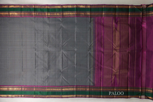 Black with Silver Grey with Deep Magenta with Green Borders Vintage Kanjivaram Silk Saree paloo