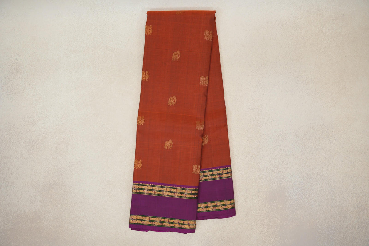 Online Rust Orange with Deep Violet Rettai Pettu Borders Vintage Kanjivaram Silk Saree