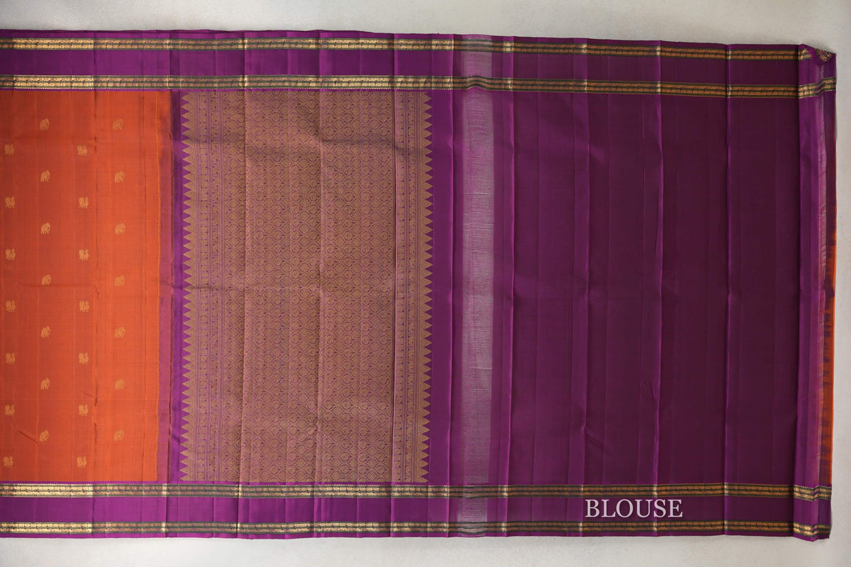 Rust Orange with Deep Violet Rettai Pettu Borders Vintage Kanjivaram Silk Saree blouse