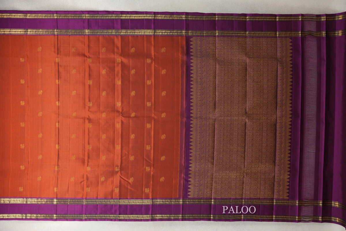 Rust Orange with Deep Violet Rettai Pettu Borders Vintage Kanjivaram Silk Saree paloo
