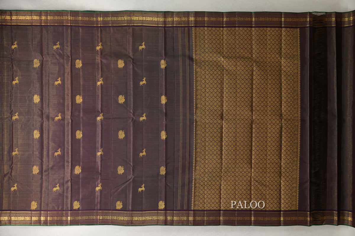 Deep Plum Brown Vaira Oosi Vintage Kanjivaram Silk Saree paloo