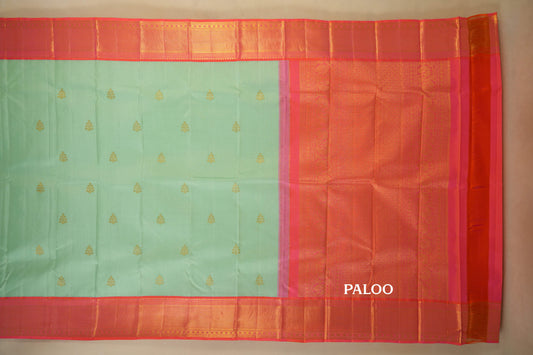Rexona Green with Peach Pink Borders Kanjivaram Silk Saree paloo