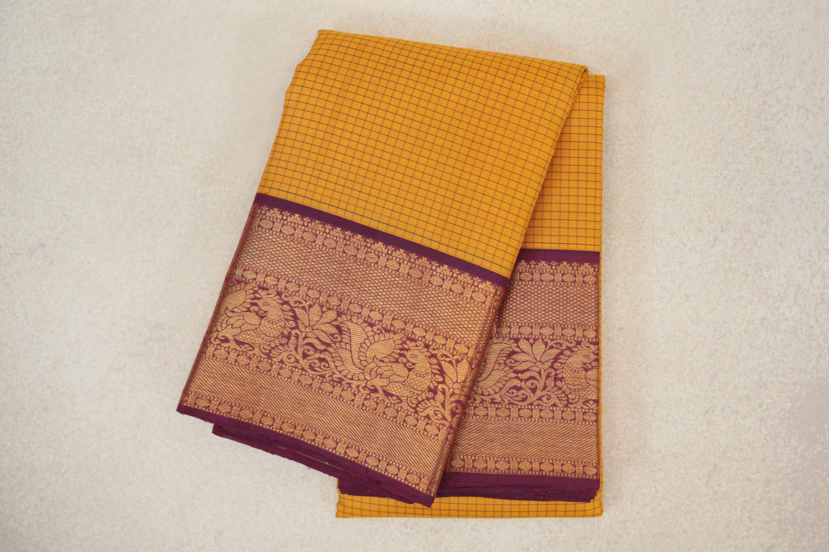 Mango Yellow with Wine Maroon Borders Vintage Kanjivaram Silk Saree