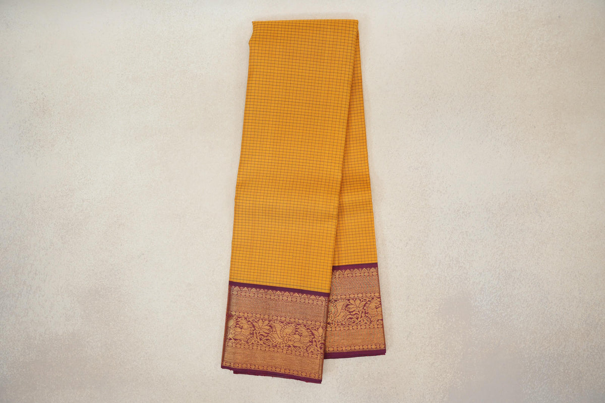 Online Mango Yellow with Wine Maroon Borders Vintage Kanjivaram Silk Saree