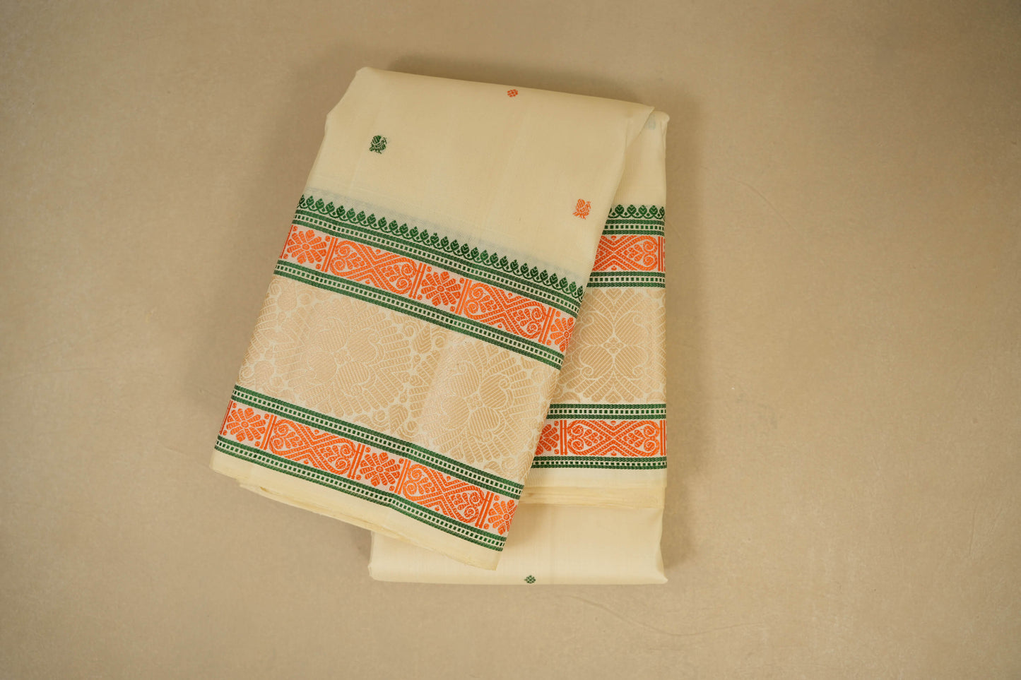 Off-white with Multi Color Borders Kanjivaram Silk Saree