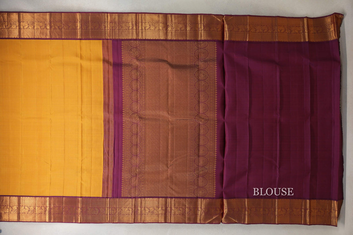 Mango Yellow with Wine Maroon Borders Vintage Kanjivaram Silk Saree blouse