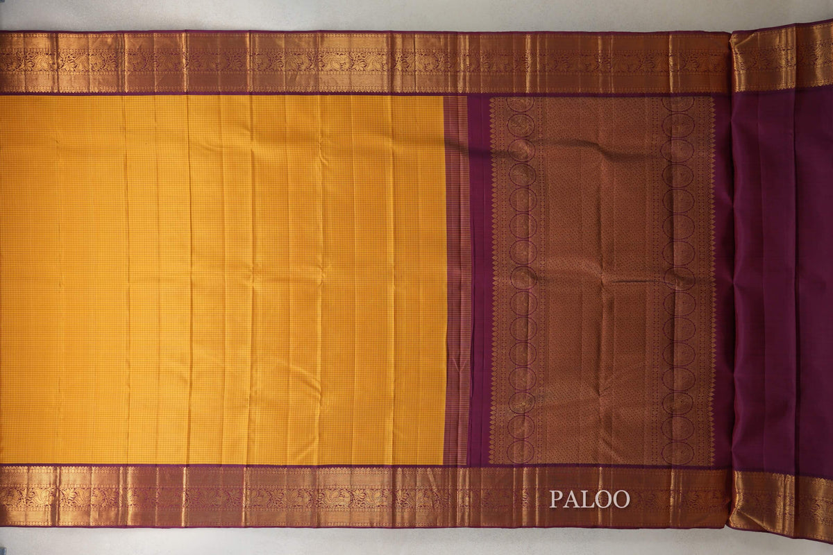 Mango Yellow with Wine Maroon Borders Vintage Kanjivaram Silk Saree paloo