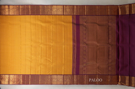 Mango Yellow with Wine Maroon Borders Vintage Kanjivaram Silk Saree paloo