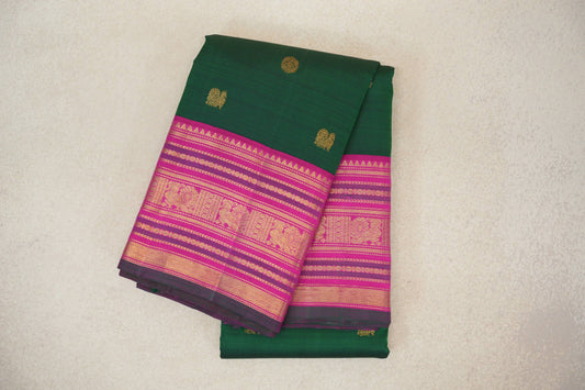 Deep Bottle Green with Bright Rani Pink with Dark Green Selvedge Borders Vintage Kanjivaram Silk Saree 