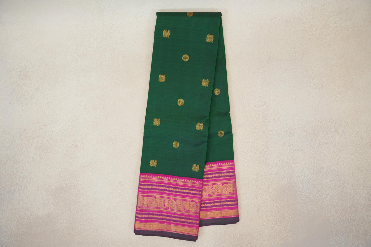 Online Deep Bottle Green with Bright Rani Pink with Dark Green Selvedge Borders Vintage Kanjivaram Silk Saree