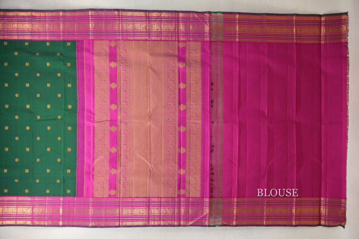 Deep Bottle Green with Bright Rani Pink with Dark Green Selvedge Borders Vintage Kanjivaram Silk Saree blouse
