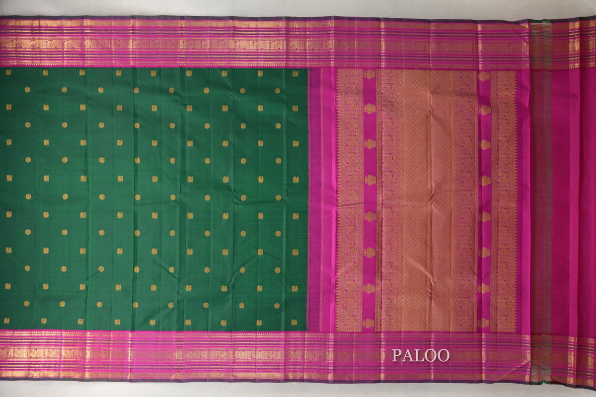 Deep Bottle Green with Bright Rani Pink with Dark Green Selvedge Borders Vintage Kanjivaram Silk Saree paloo
