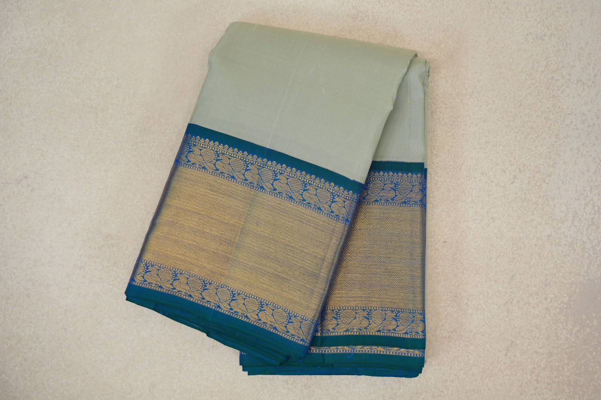 Pastel Sage Green with Peacock Blue Borders Vintage Kanjivaram Silk Saree