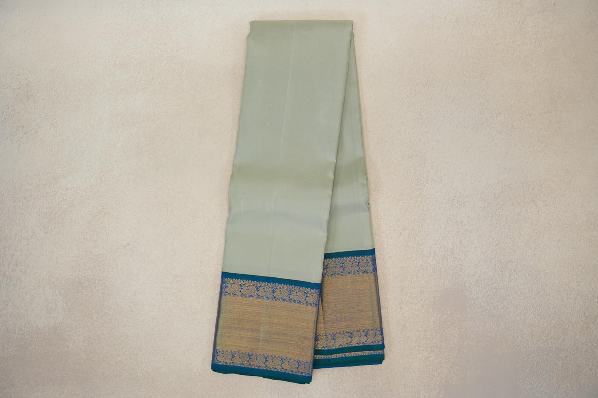 Online Pastel Sage Green with Peacock Blue Borders Vintage Kanjivaram Silk Saree