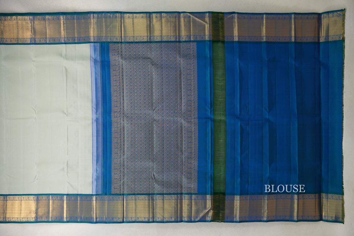 Pastel Sage Green with Peacock Blue Borders Vintage Kanjivaram Silk Saree blouse