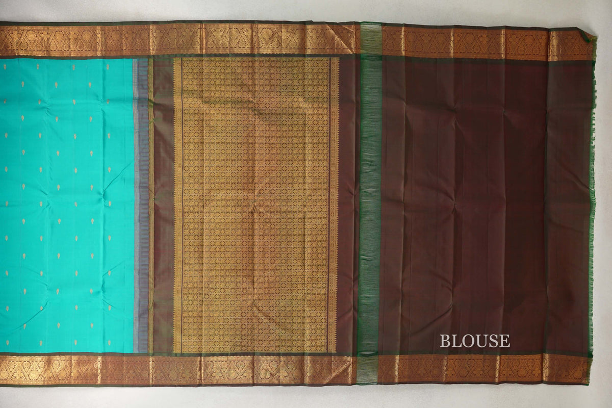 Aqua Green with Manthulir Borders Vintage Kanjivaram Silk Saree blouse