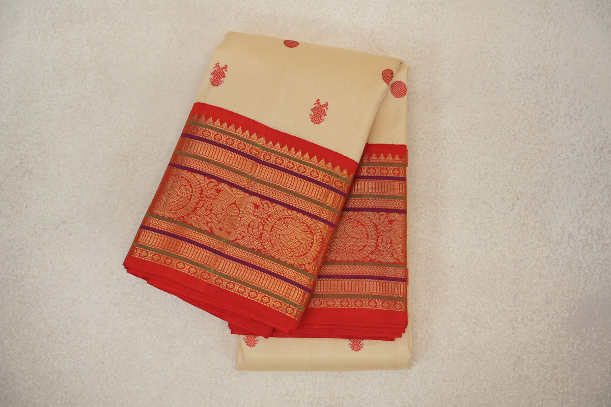 Sandal Beige with Bright Red Borders Plant Based Kanjivaram Silk Saree