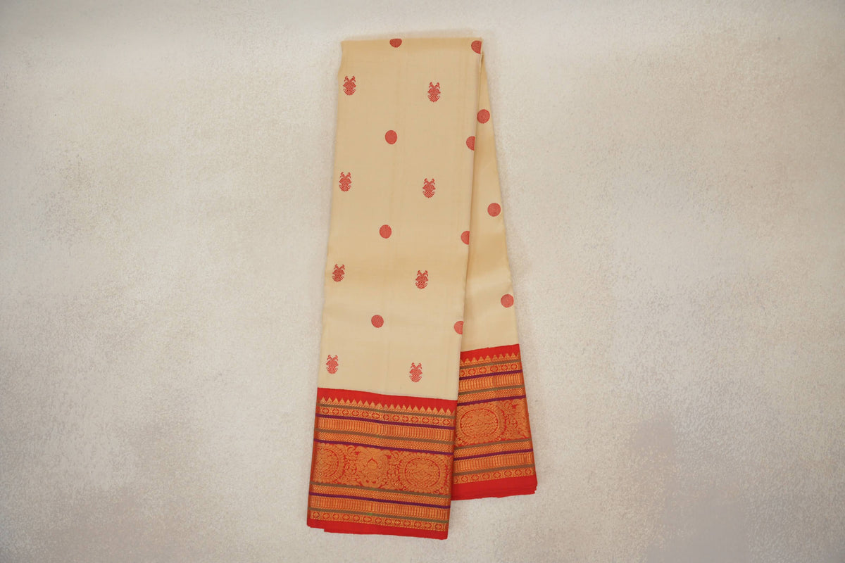 Online Sandal Beige with Bright Red Borders Plant Based Kanjivaram Silk Saree