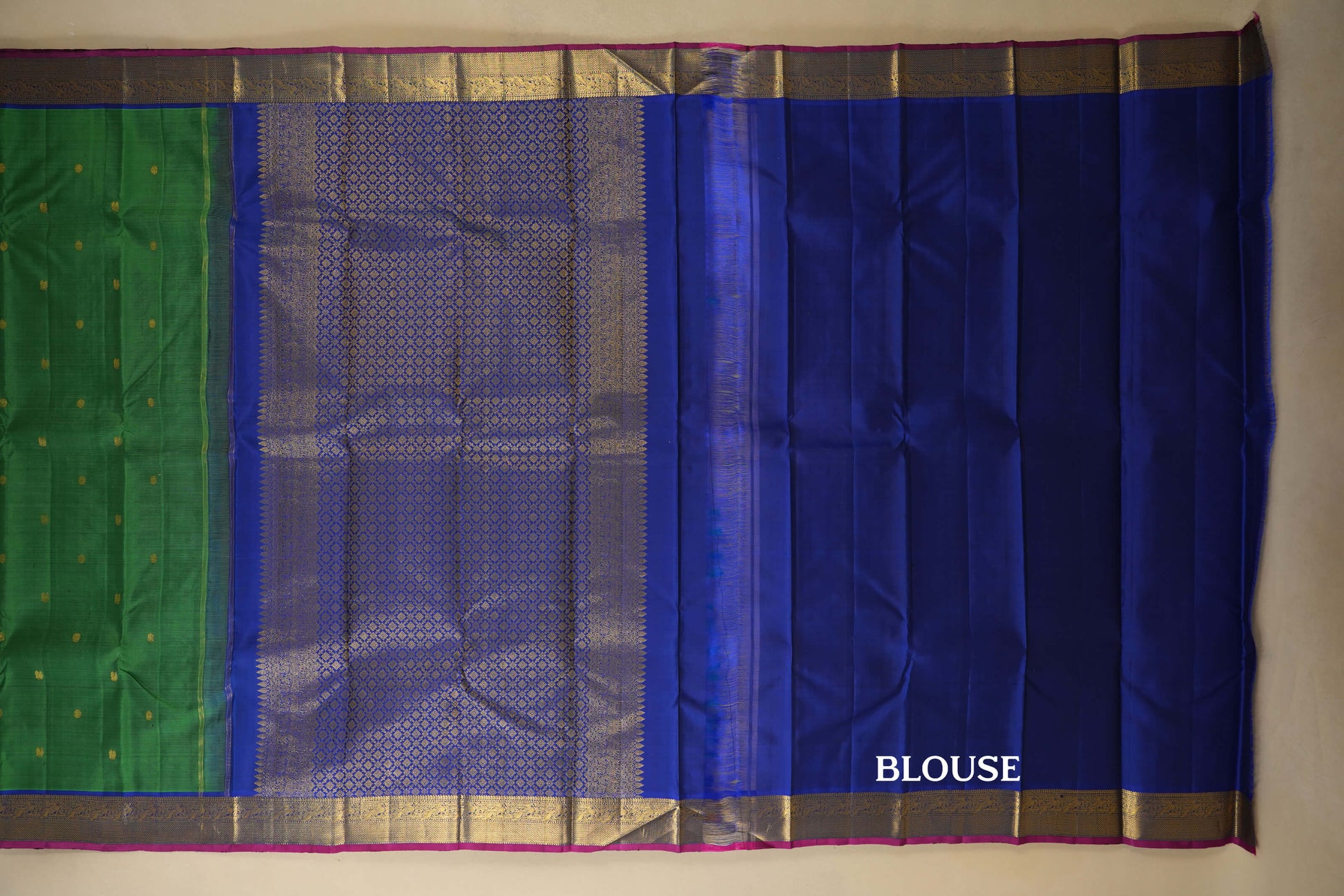 Green with Blue Borders Kanjivaram Silk Saree blouse