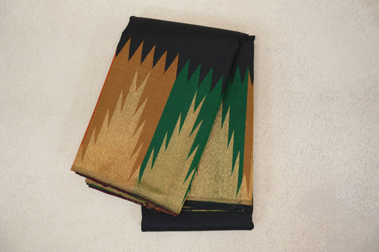 Black with Multi Color Temple Borders Vintage Kanjivaram Silk Saree