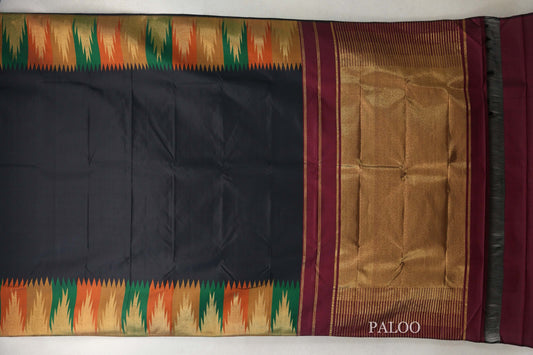Black with Multi Color Temple Borders Vintage Kanjivaram Silk Saree paloo