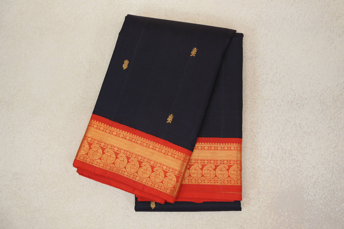 Deep Navy Blue with Tomato Red Borders Vintage Kanjivaram Silk Saree