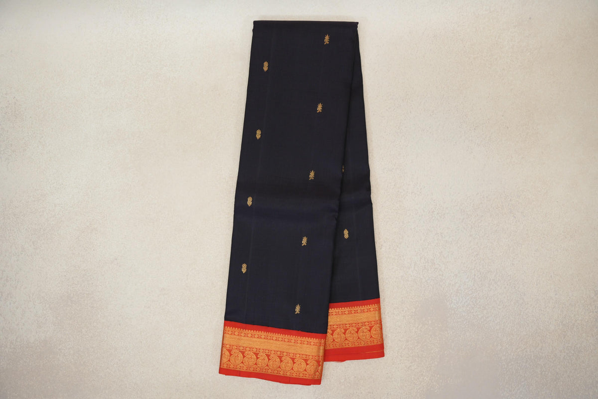 Online Deep Navy Blue with Tomato Red Borders Vintage Kanjivaram Silk Saree