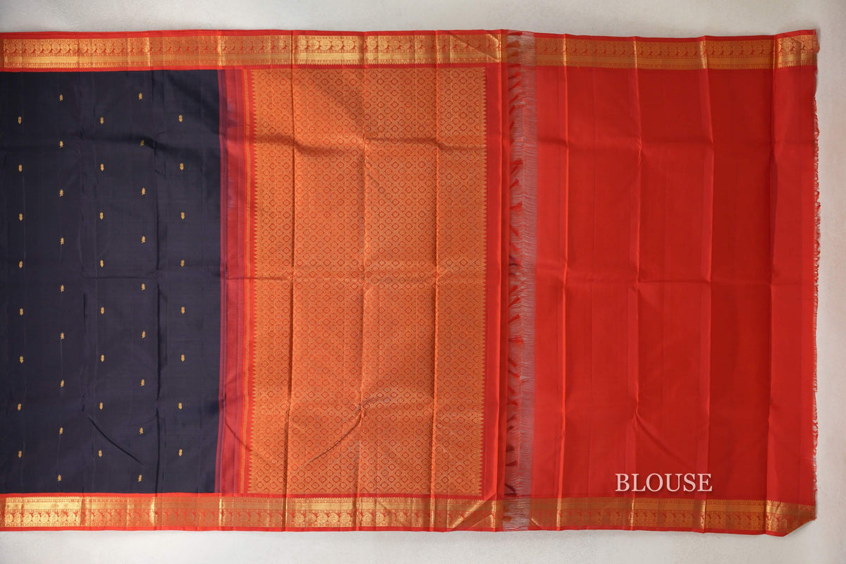 Deep Navy Blue with Tomato Red Borders Vintage Kanjivaram Silk Saree blouse