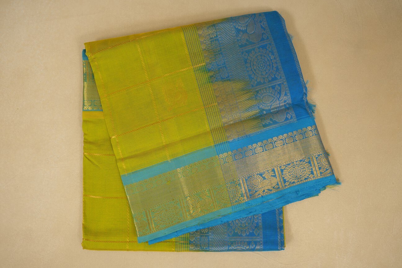 Parrot Green with sky blue Borders Silk Cotton Saree