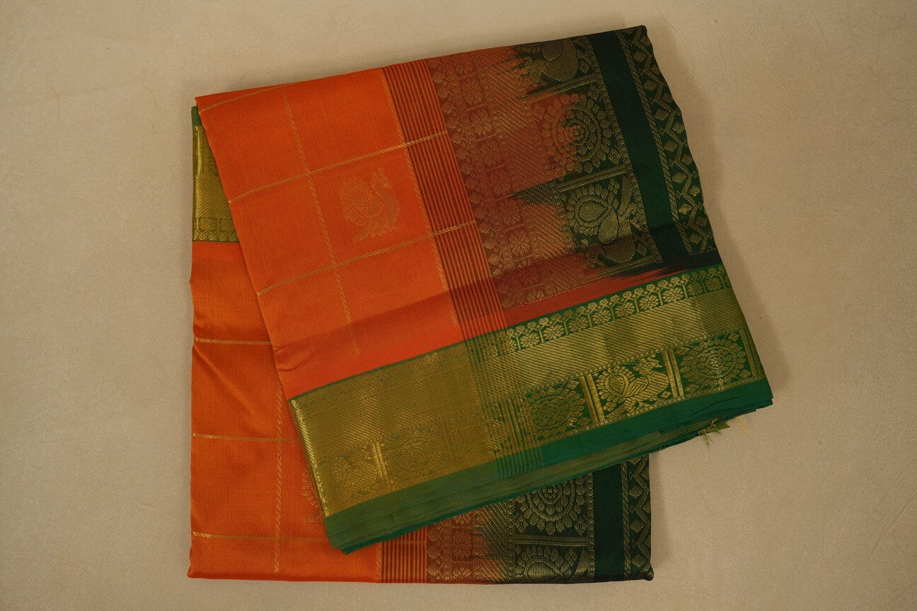 Orange with mild green Borders Silk Cotton Saree