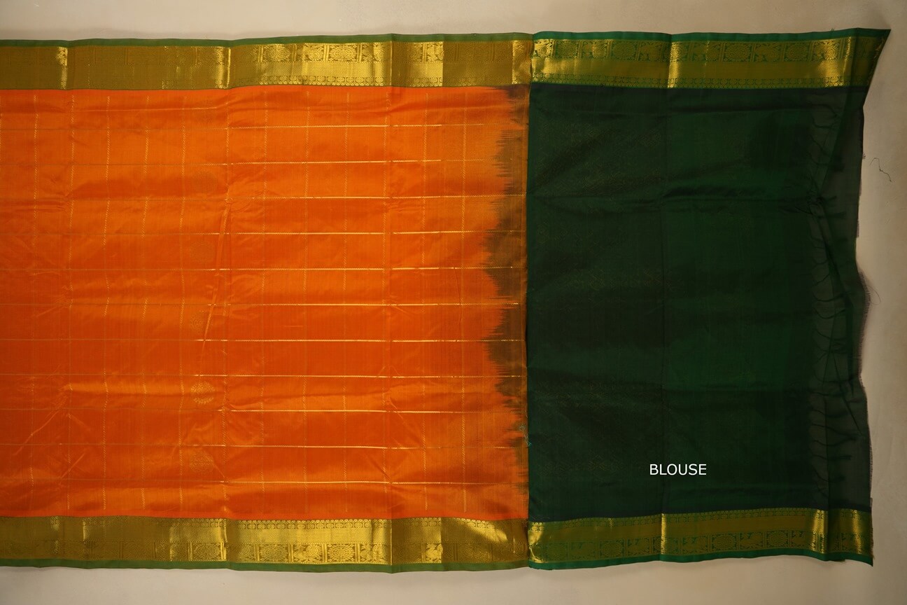 Orange with mild green Borders Silk Cotton Saree blouse