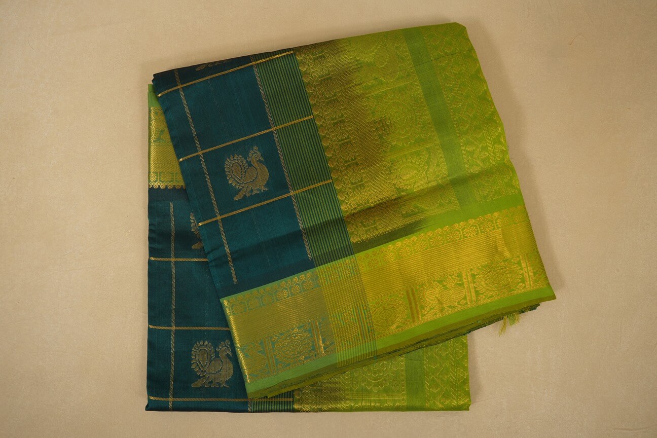 Peacock green with rexona green Borders Silk Cotton Saree by Shreenivas Silks