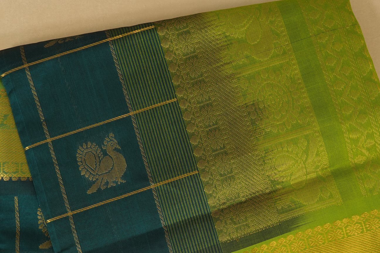 Peacock green with rexona green Borders Silk Cotton Saree by Shreenivas Silks body