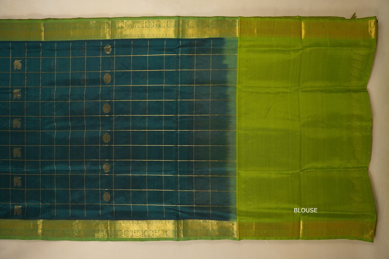 Peacock green with rexona green Borders Silk Cotton Saree by Shreenivas Silks blouse