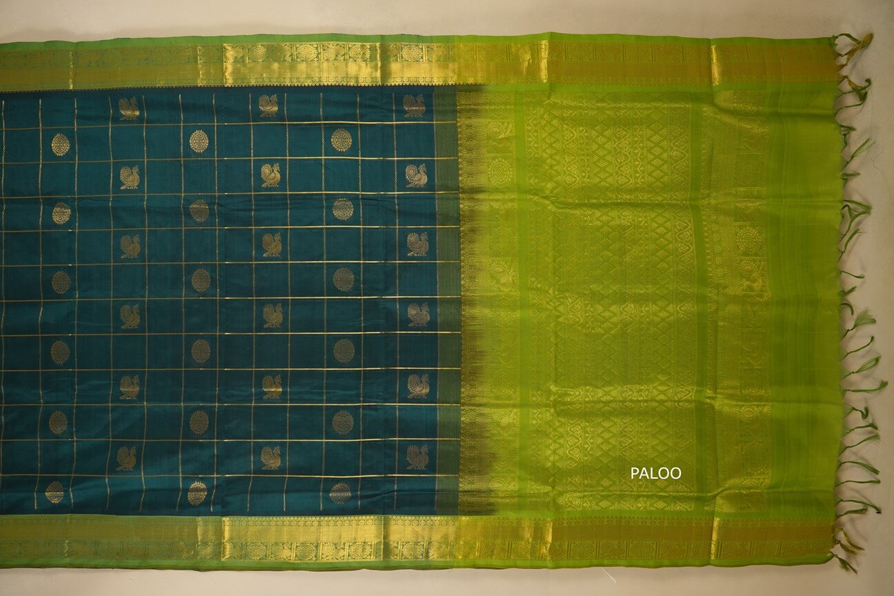 Peacock green with rexona green Borders Silk Cotton Saree by Shreenivas Silks paloo