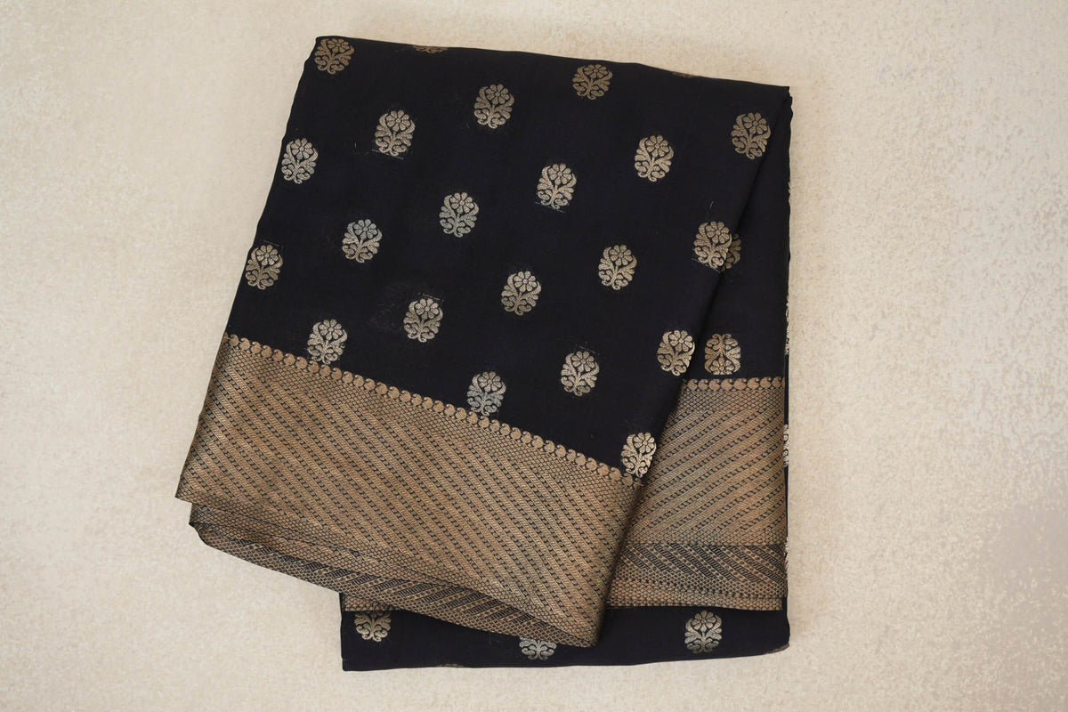 folded Jet Black Mysore Silk Saree