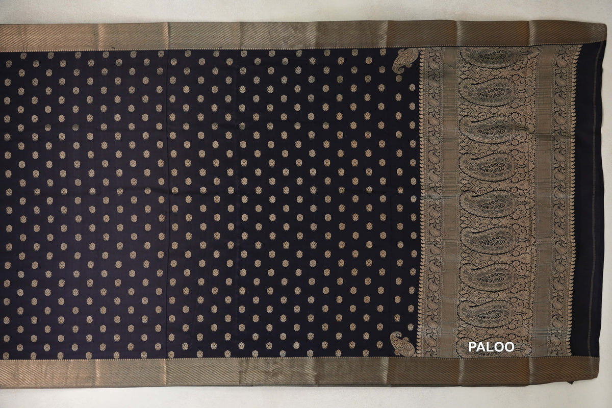 Jet Black Mysore Silk Saree paloo