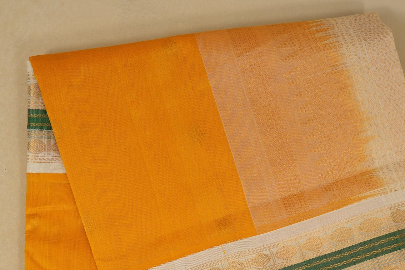 Yellow with off white Borders Silk Cotton Saree by Shreenivas Silks  body