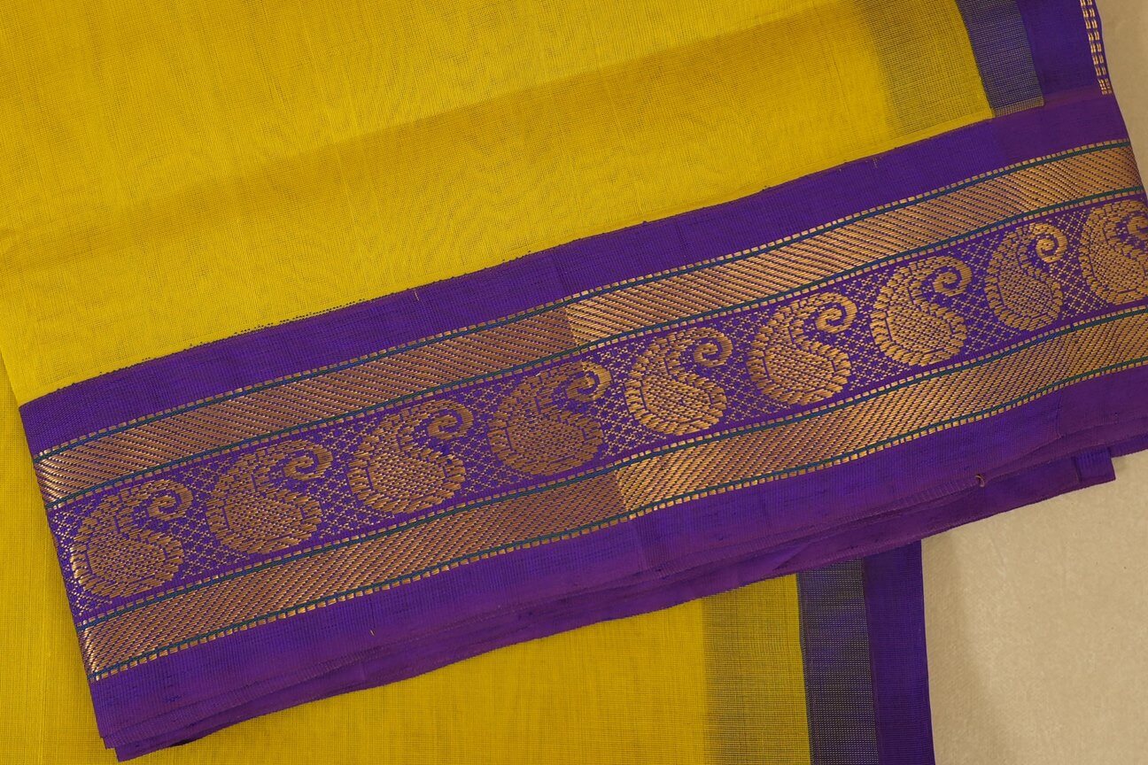 Lemon Yellow with purple Borders Silk Cotton Saree  border