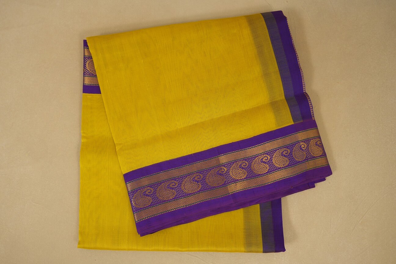 Lemon Yellow with purple Borders Silk Cotton Saree 