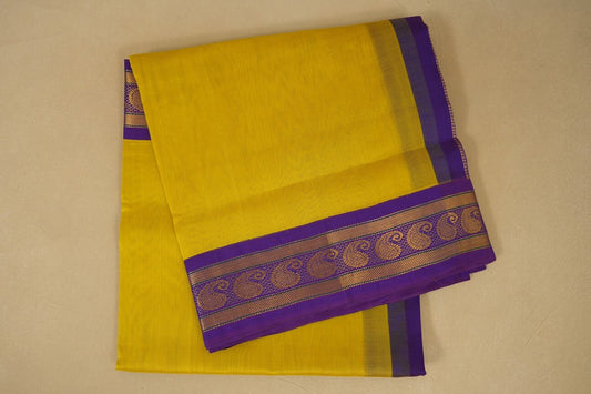 Lemon Yellow with purple Borders Silk Cotton Saree 