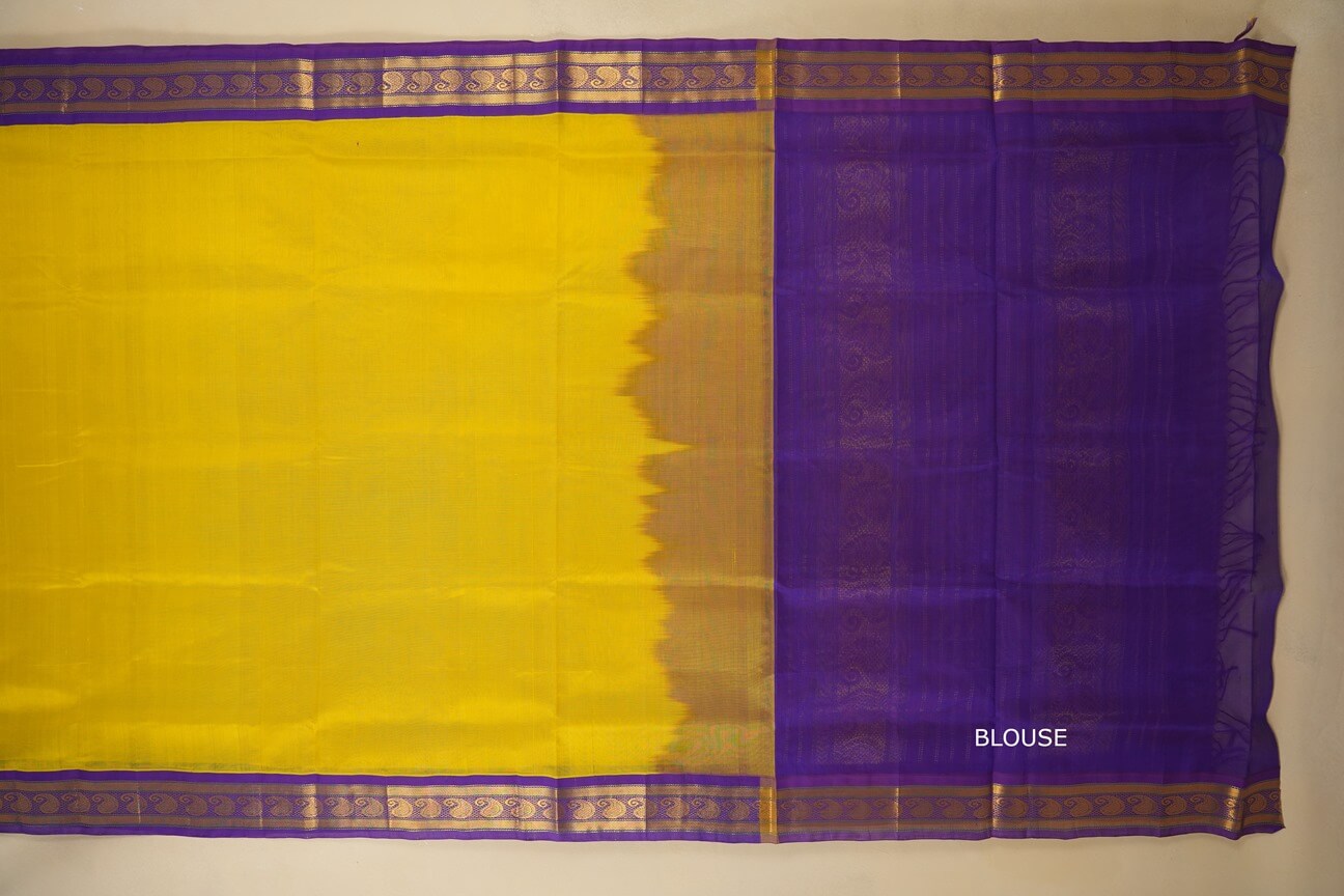 Lemon Yellow with purple Borders Silk Cotton Saree  blouse