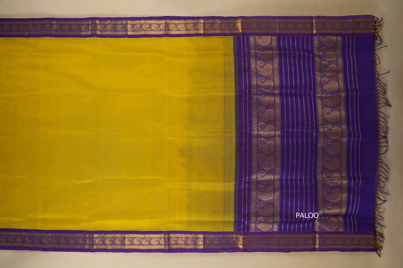 Lemon Yellow with purple Borders Silk Cotton Saree paloo