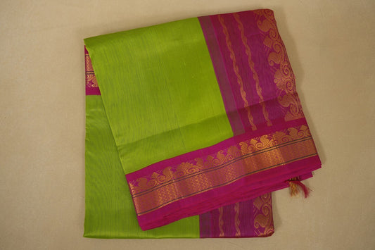 Parrot Green with rani pink Borders Silk Cotton Saree 