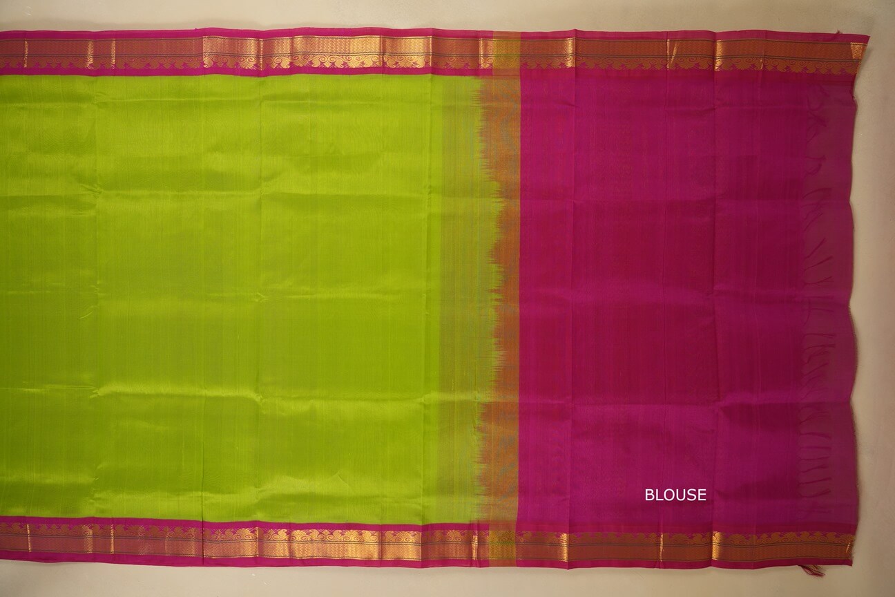 Parrot Green with rani pink Borders Silk Cotton Saree blouse