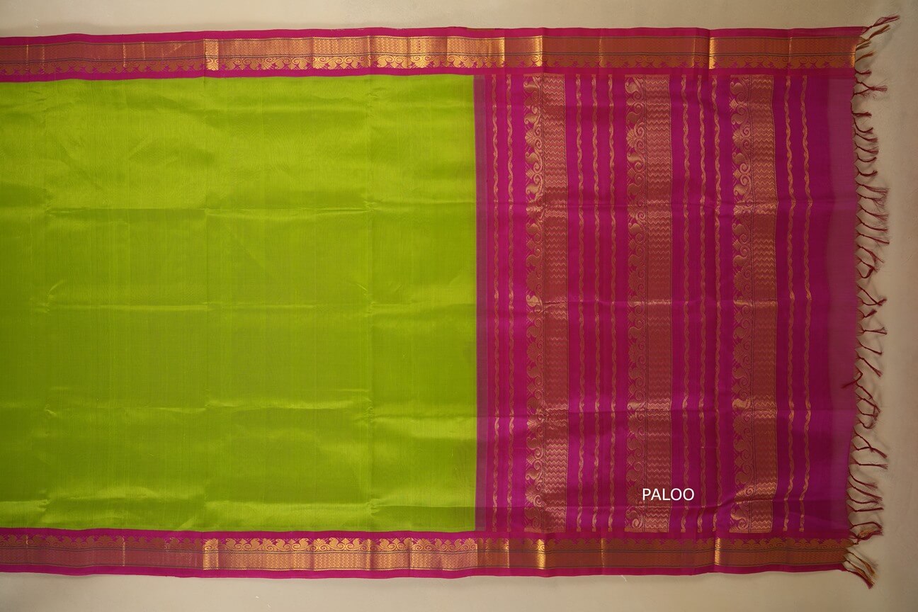 Parrot Green with rani pink Borders Silk Cotton Saree paloo