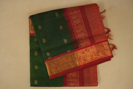 Bottle Green with maroon Borders Silk Cotton Saree