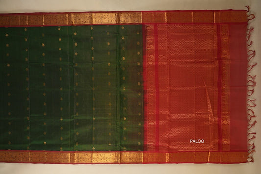 Bottle Green with maroon Borders Silk Cotton Saree paloo