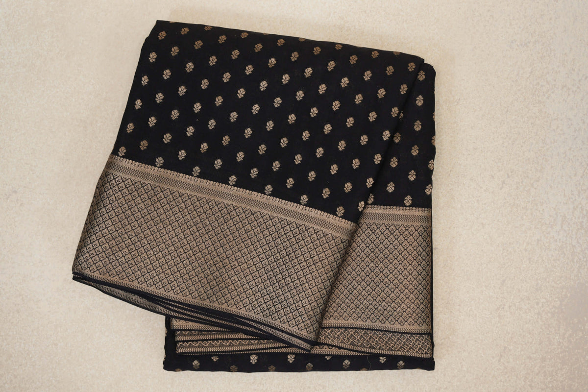 folded Jet Black Mysore Silk Saree 